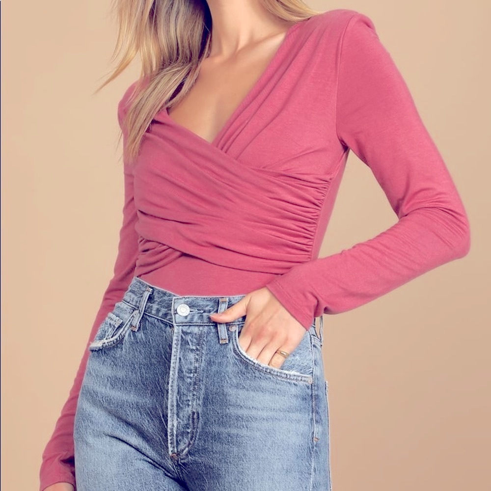 NWT STUNNING LULU’S Faux Wrap Stretchy Jersey  Puffy Sleeve Bodysuit MAU…